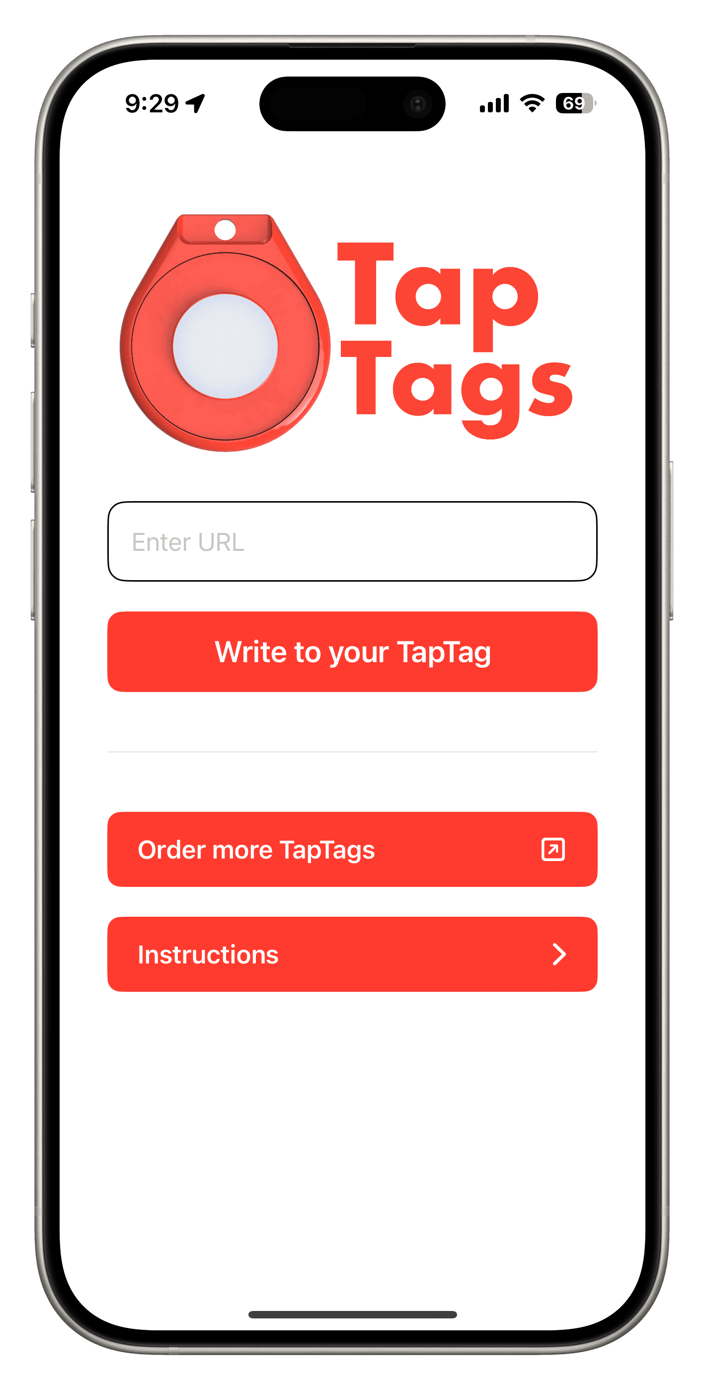 URL入力欄とTapTagへの書き込みボタンを表示したTapTags iPhoneアプリ